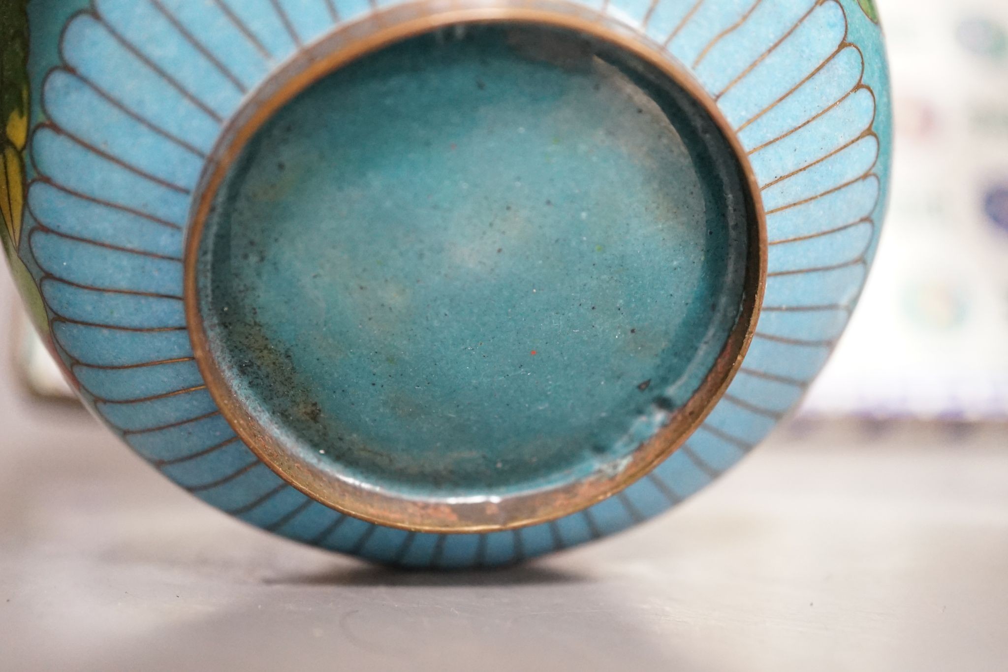 A 19th century Canton enamel tray, a cloisonne enamel bowl and a vase, 30cm